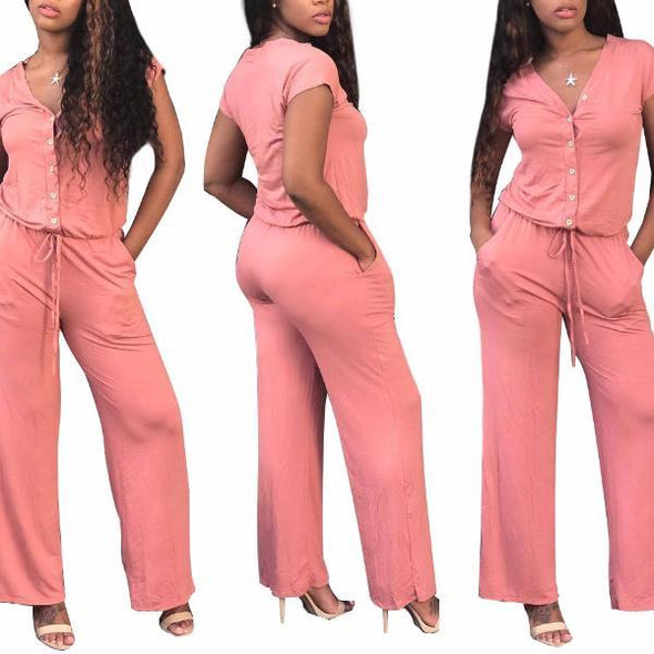 Casual Solid Color Short Sleeve V-neck Jumpsuits