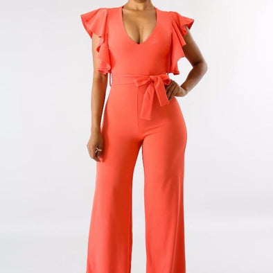 Casual Solid Color Short Sleeve Bell Sleeve Jumpsuits