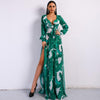 Summer Deep V Two Split Print Beach Dress Kafftan Long Sleeve Ruffle Seaside Maxi Dress