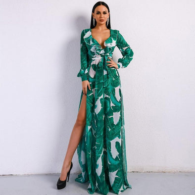 Summer Deep V Two Split Print Beach Dress Kafftan Long Sleeve Ruffle Seaside Maxi Dress