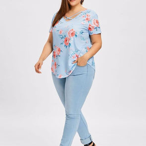 casual Print Short sleeve V neck plus size tops