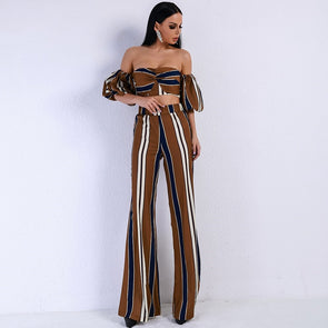 New suit female tube top puff sleeves + striped straight pants