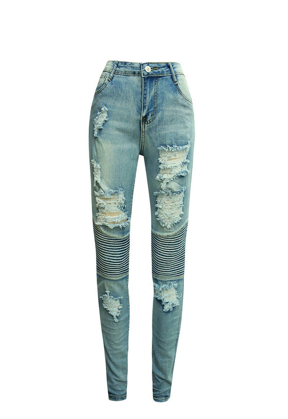 casual Solid Color ripped high waist trousers jeans