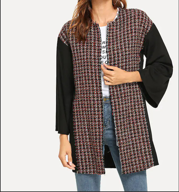 Stitched Plaid Cardigan Coat