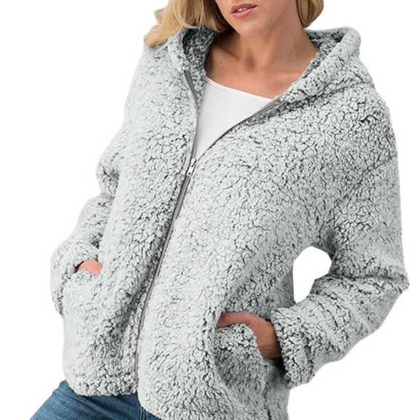 Split  Zipper Hooded Long Sleeve Plush Coat