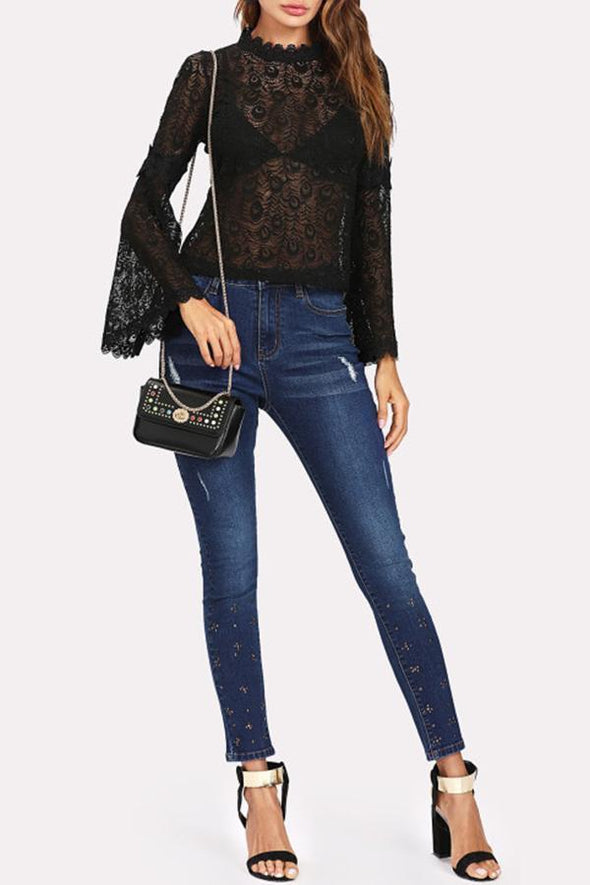 Sexy Lace Perspective Long Sleeve Blouse