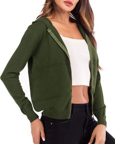 Solid Color Hooded Zipper Long Sleeve Knit Cardigan