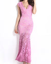 Short Sleeved V-Neck Lace Stitching Halter Evening Dress