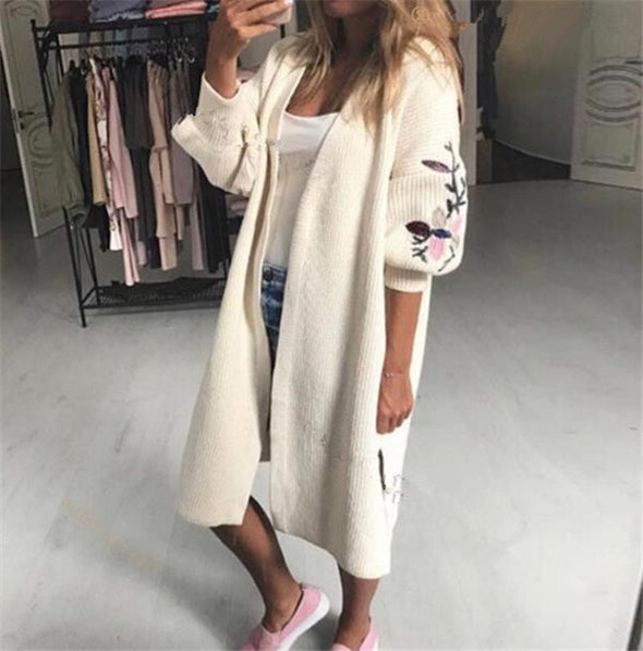 Casual Embroidered Long-Sleeved Knit Cardigan