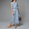 Sexy Denim Round Neck Tie Bow Backless Waist Jumpsuit