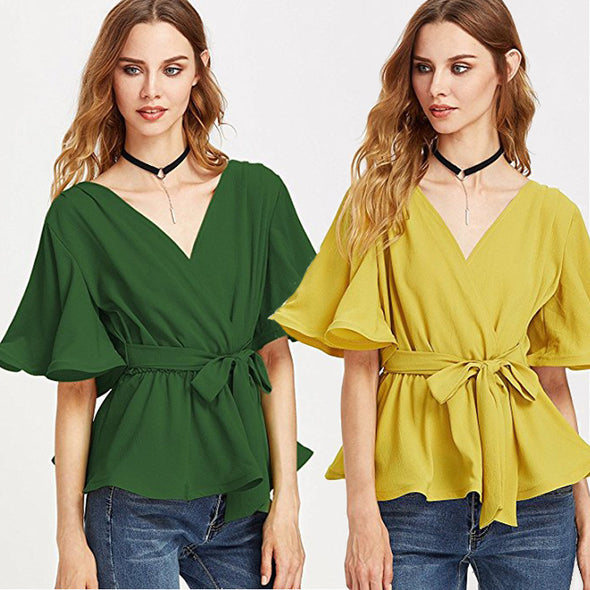 Fashion V-neck solid color with trumpet sleeve chiffon shirt