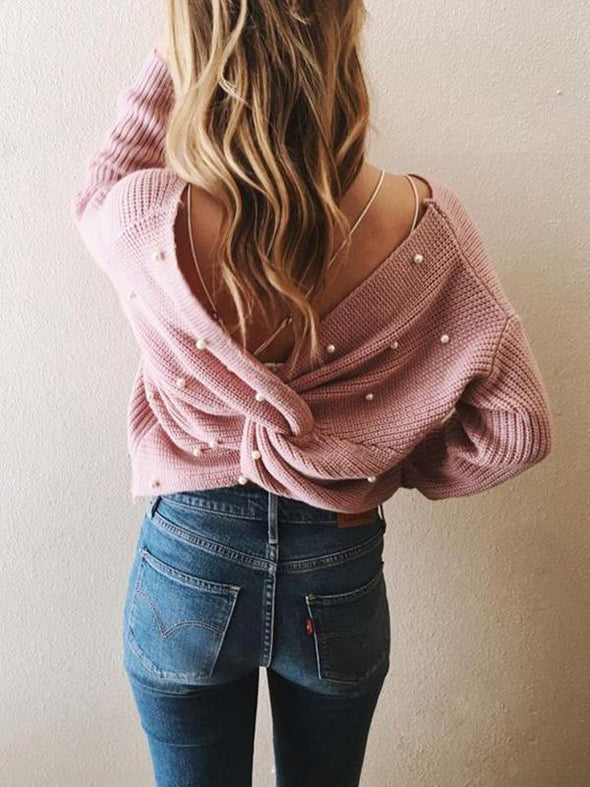 Loose Backless Irregular Cross Pearl Knit Sweater