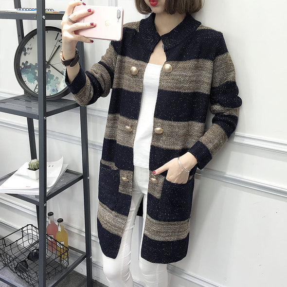 Striped Long-Sleeved Knit Cardigan