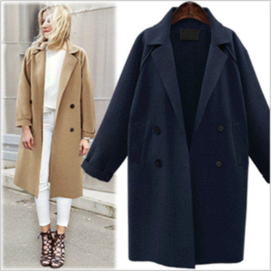 Fashion Pure Color Long Sleeve Lapel Woolen Coat