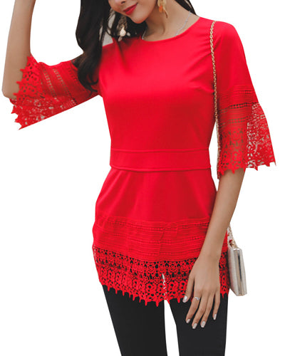 Round Neck Zippered Sleeves Lace Stitching Solid Color T-Shirt