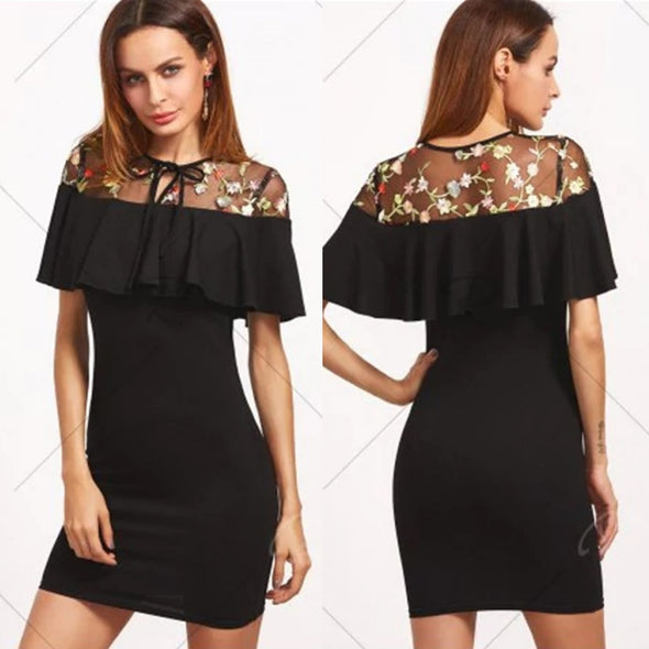 Embroidered Ruffled Short-Sleeved Bodycon Dress