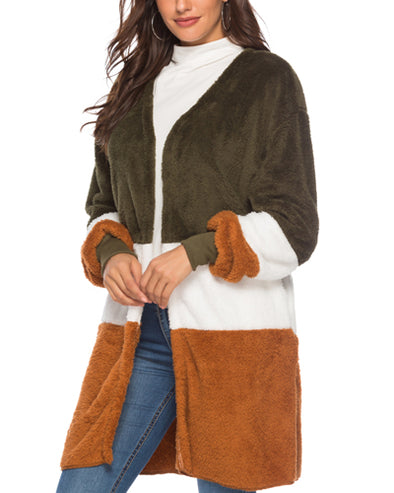 Long Sleeve Contrast Stitching Plush Cardigan