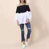 Sexy Off Shoulder Black And White Color Matching Lantern Sleeve Shirt