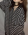 Personality Striped Zipper High Collar Loose Sweatshirt