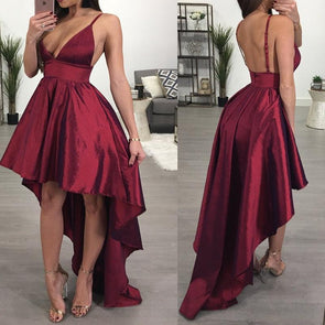 Sexy Deep V-Neck Irregular Red Evening Dress