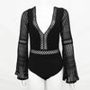 New V-neck Flare Sleeve Stitching Mesh Hollow Bodysuit