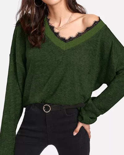 Loose V-Neck Splicing Long-Sleeved Sweater