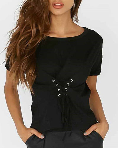 O-Neck Short-Sleeved Strap T-Shirt