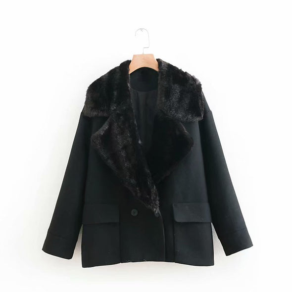 Faux Fur Patchwork Lapel Double-breasted Blazer Jacket