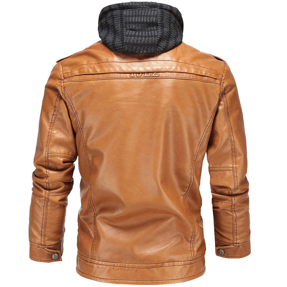 Velvet Warm Classic Detachable Hooded Leather Men's Jacket