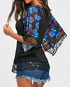 Printed Short-Sleeved Lace Stitching V-Neck T-Shirt