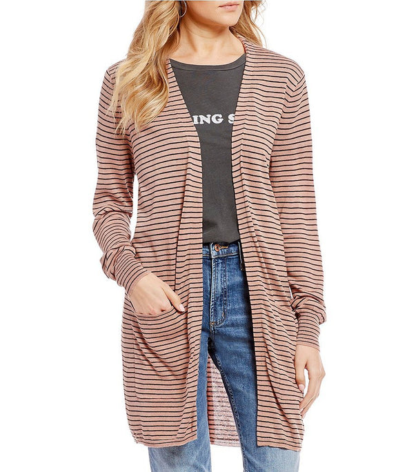 Long Sleeve Striped Double Side Pocket Cardigan Coat