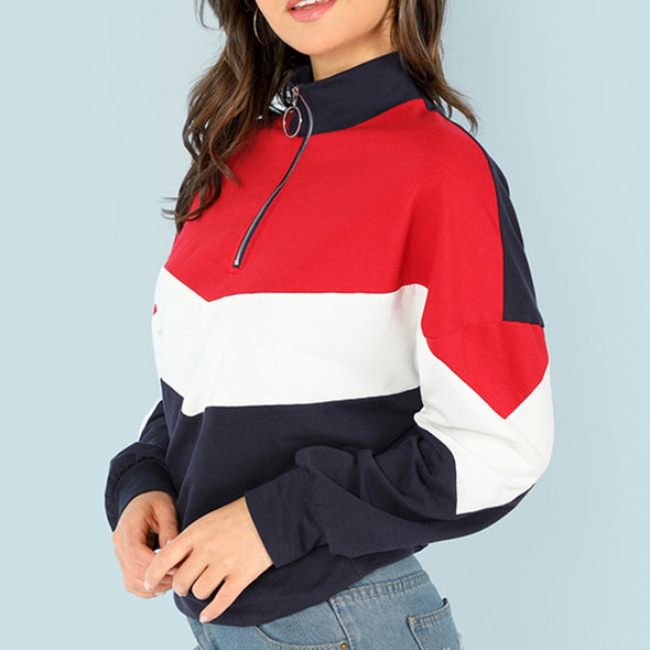 Colorblock Stand Collar Zipper Long Sleeve Sweatshirt