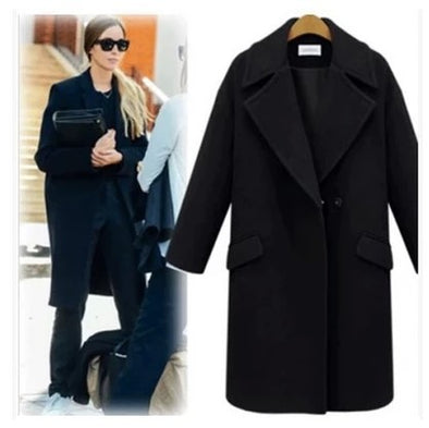 Loose Pure Color Long Sleeve Lapel Woolen Coat