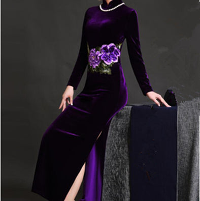 Women's Long Sleeve Embroidered Gold Velvet Evening Dress