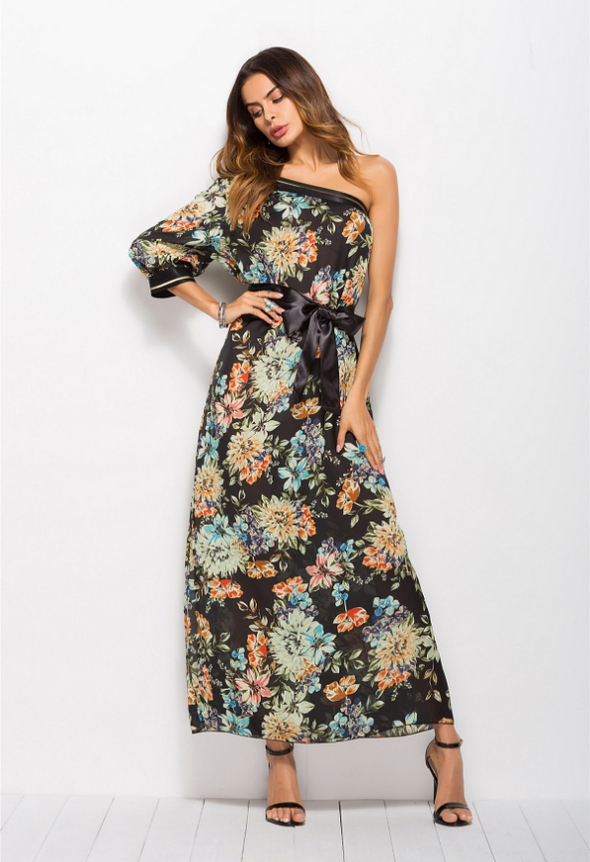 Bowknot Print Off Shoulder Long Bohemian Dresses