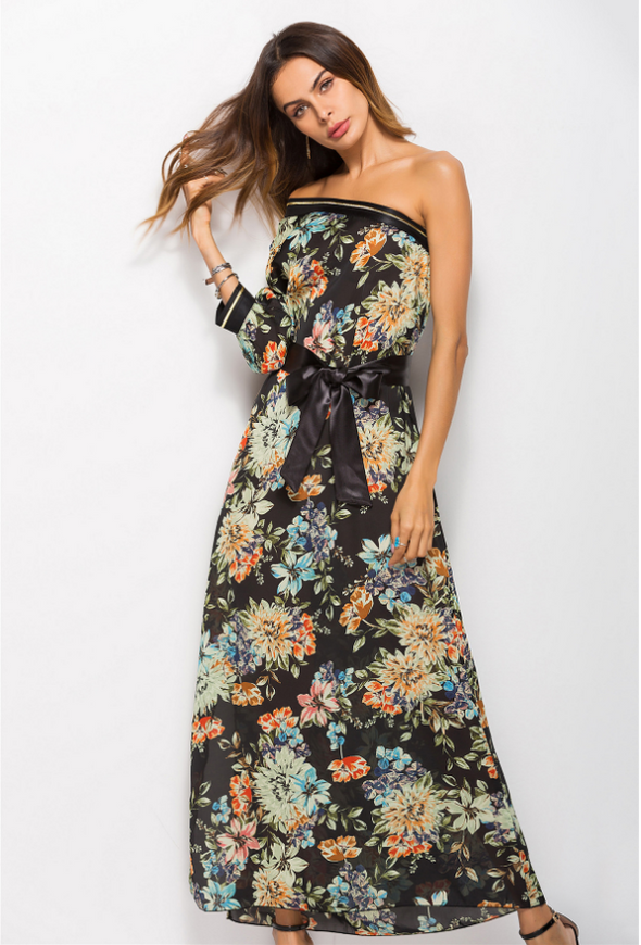 Bowknot Print Off Shoulder Long Bohemian Dresses