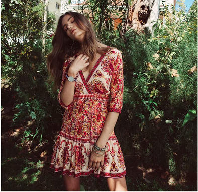 Bandage Floral Patchwork V Neck Short Bohemian Dresses