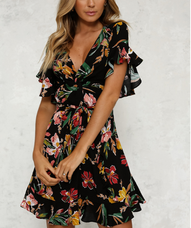 Bandage Flounce Sleeve Floral Dresses