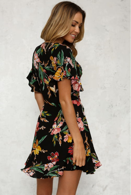 Bandage Flounce Sleeve Floral Dresses