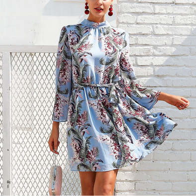 Bandage Halterneck Long Sleeve Floral Dresses