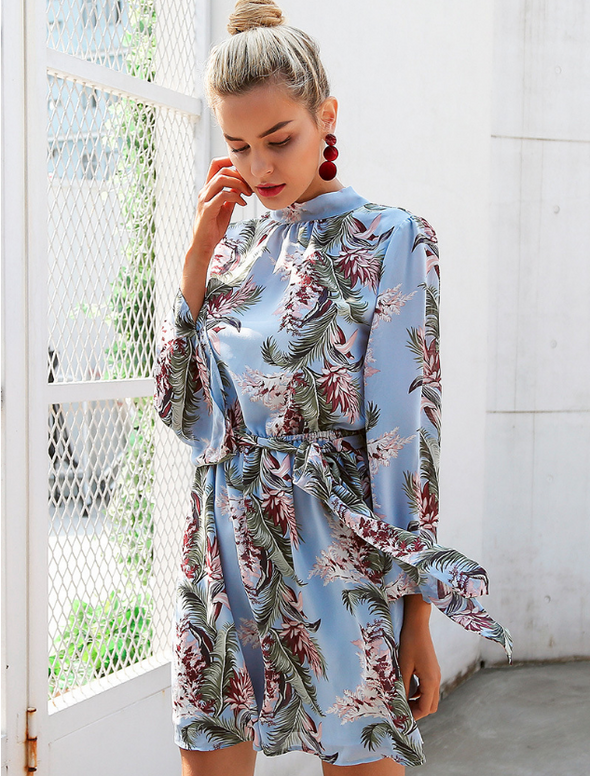 Bandage Halterneck Long Sleeve Floral Dresses