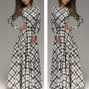 Check Print Long Sleeve Maxi Dresses