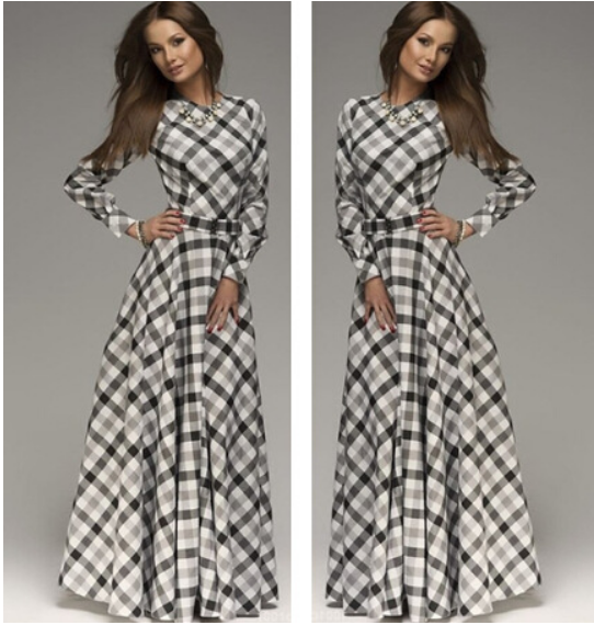 Check Print Long Sleeve Maxi Dresses