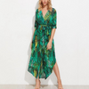 Banana Leaf Print V Neck Long Sleeve Vacation Dresses