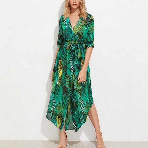 Banana Leaf Print V Neck Long Sleeve Vacation Dresses