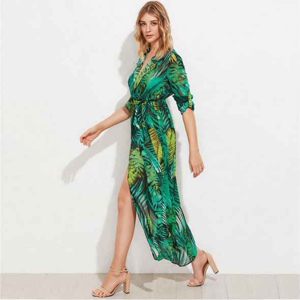 Banana Leaf Print V Neck Long Sleeve Vacation Dresses