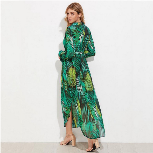 Banana Leaf Print V Neck Long Sleeve Vacation Dresses