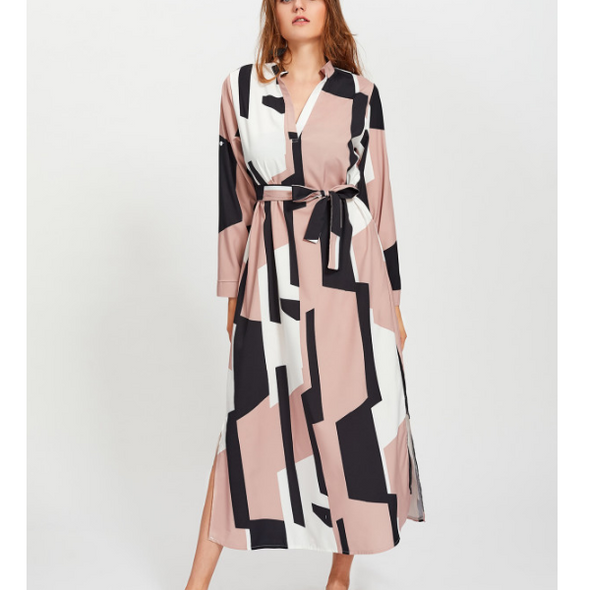 Geometric Pattern Long Sleeve V-Neck Maxi Dresses