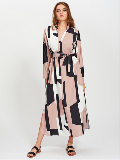 Geometric Pattern Long Sleeve V-Neck Maxi Dresses