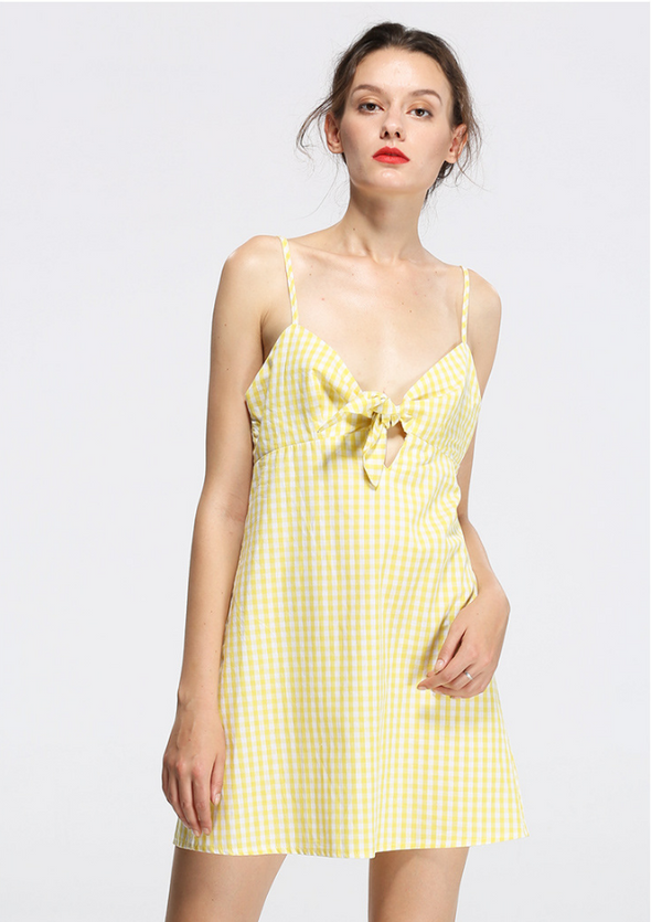 Check Bowknot V Neck Strap Vacation Dresses